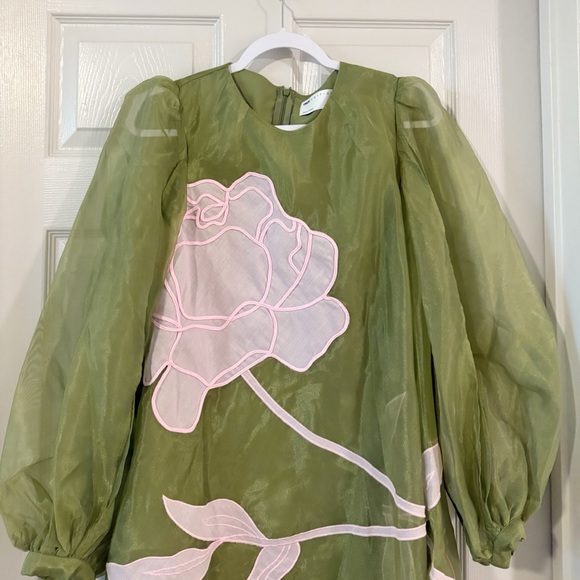 ASOS Edition Applique Floral Volume Sleeve A-Line Mini Dress Olive Pink Sz 6 NWT - Picture 6 of 12